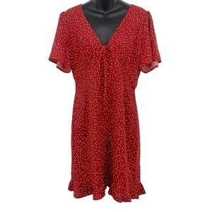 Rihoas Red Polka Dot Ruffle Hem Dress Women Size Medium M V-Neck Ruffle New
